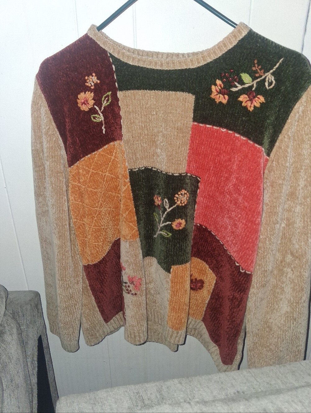 Alfred Dunner Patchwork Floral Chenille Crewneck Sweater in Beige, Green & Rust